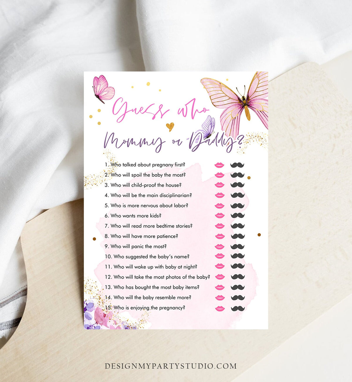 Editable Guess Who Mommy or Daddy Baby Shower Game Butterfly Baby Shower Floral Butterflies Pink Activity Digital Template Printable 0437