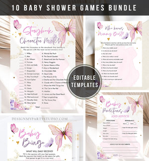 Editable Butterfly Baby Shower Games Bundle Pink Purple Baby Shower Activity Gender Neutral Boho Download Printable Corjl Template 0437