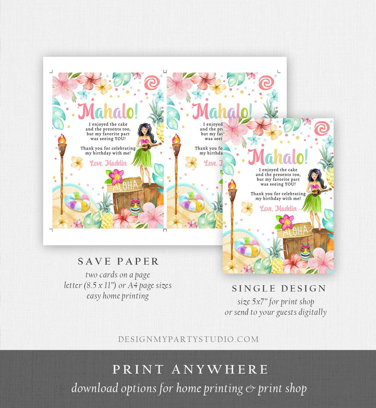 Editable Luau Birthday Thank You Card Girl Hawaiian Birthday Thank You Note Tropical Luau Party Digital Download Template Printable 0413