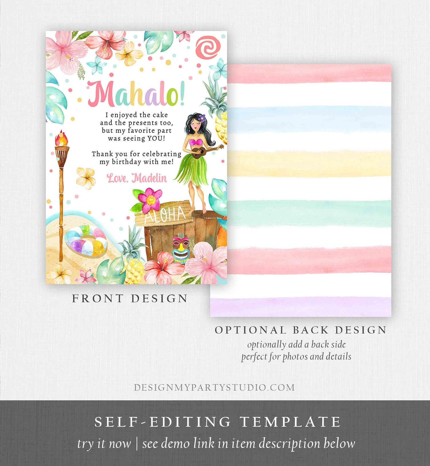 Editable Luau Birthday Thank You Card Girl Hawaiian Birthday Thank You Note Tropical Luau Party Digital Download Template Printable 0413