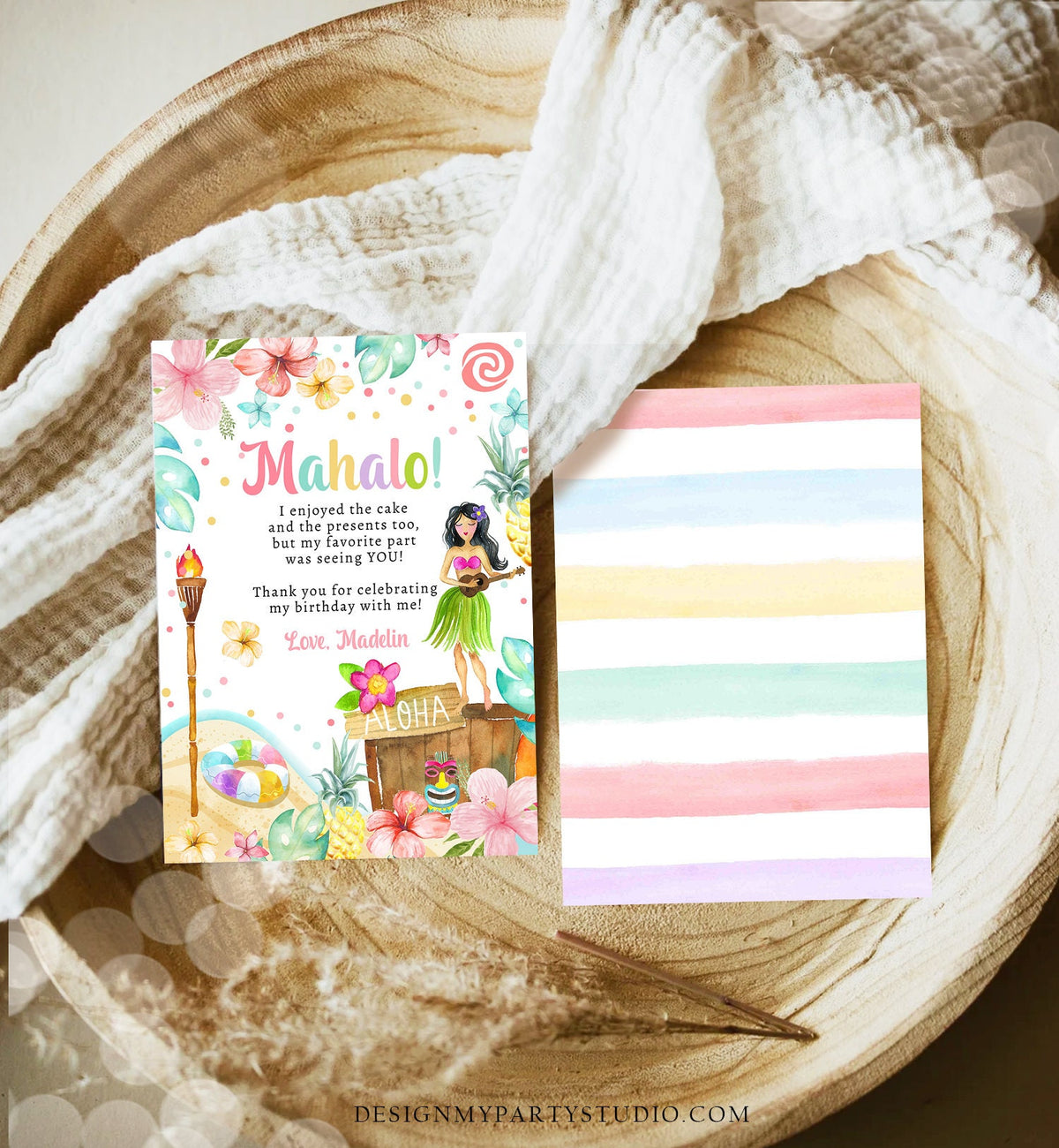 Editable Luau Birthday Thank You Card Girl Hawaiian Birthday Thank You Note Tropical Luau Party Digital Download Template Printable 0413