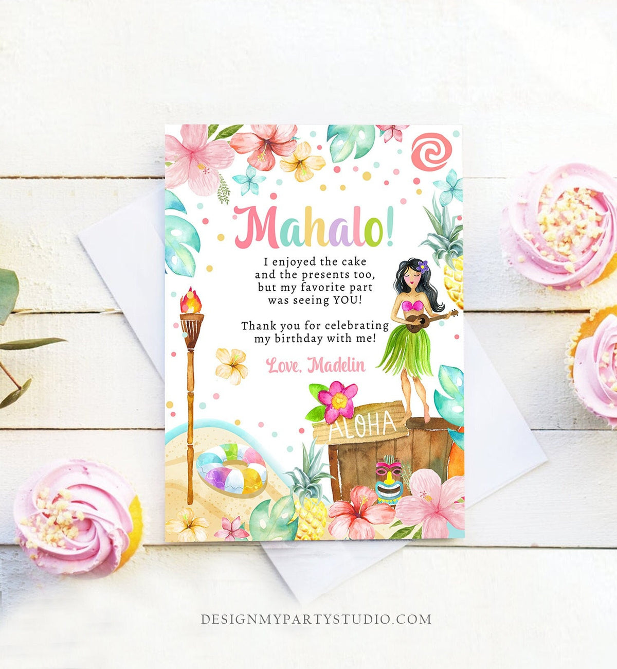 Editable Luau Birthday Thank You Card Girl Hawaiian Birthday Thank You Note Tropical Luau Party Digital Download Template Printable 0413