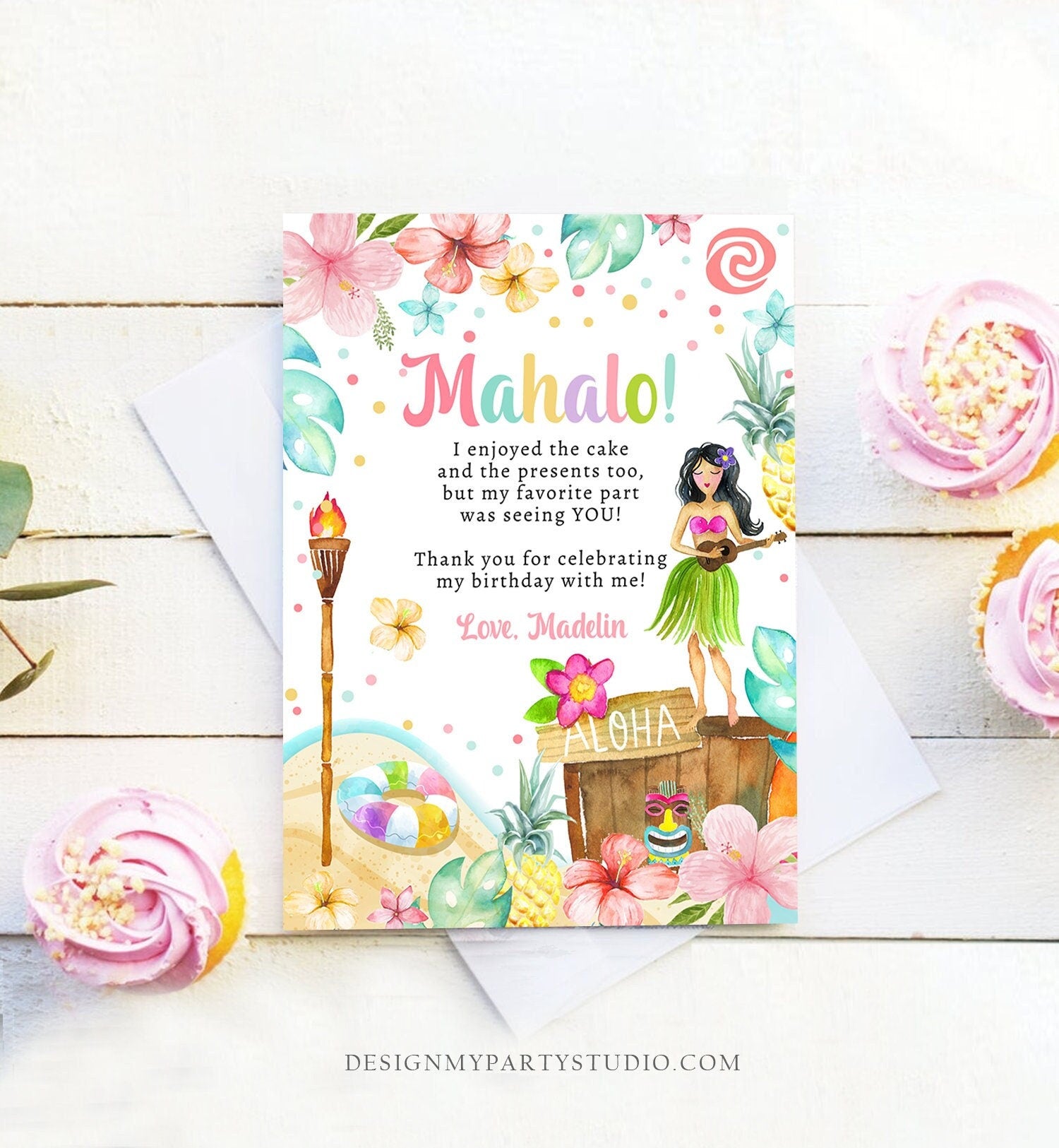 Editable Luau Birthday Thank You Card Girl Hawaiian Birthday Thank You Note Tropical Luau Party Digital Download Template Printable 0413