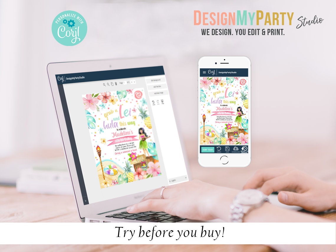 Hawaiian Luau Birthday Invitation Bundle Tropical Pool Party Luau Party Pack Girl Luau Party Package Summer Digital Template Printable 0413