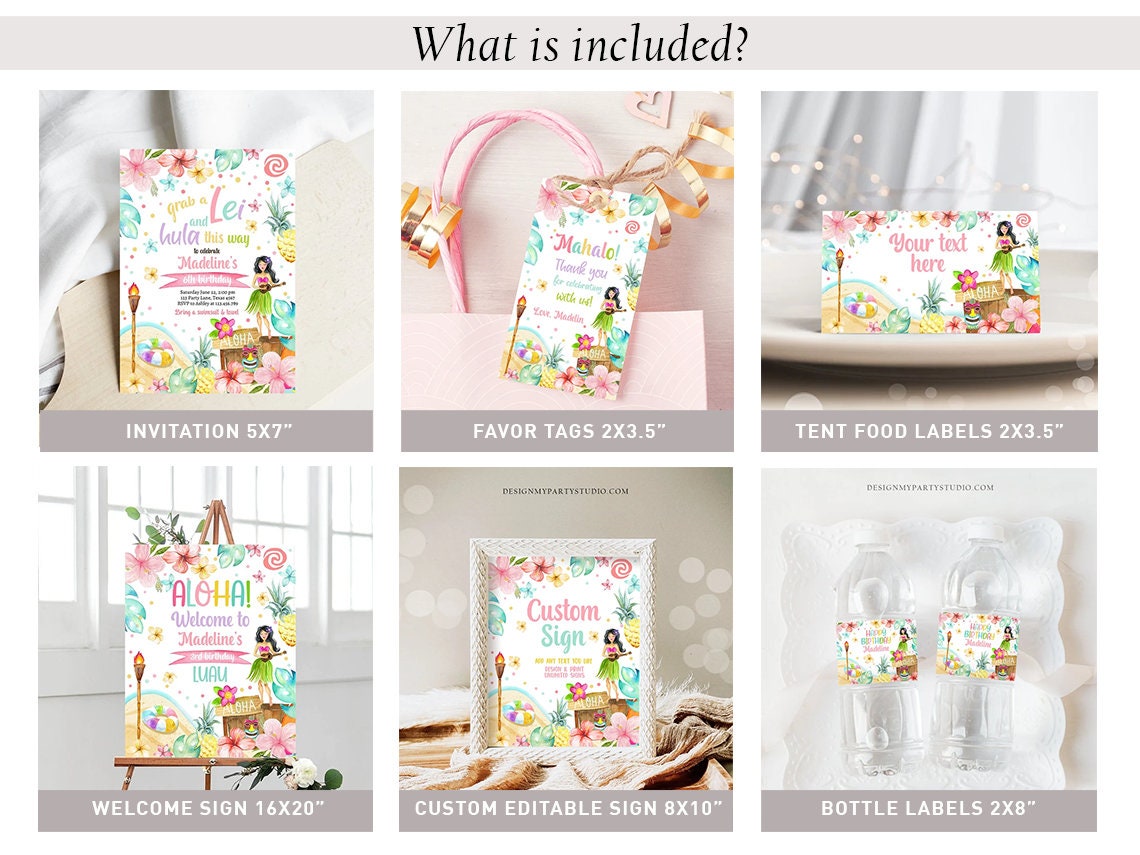 Hawaiian Luau Birthday Invitation Bundle Tropical Pool Party Luau Party Pack Girl Luau Party Package Summer Digital Template Printable 0413