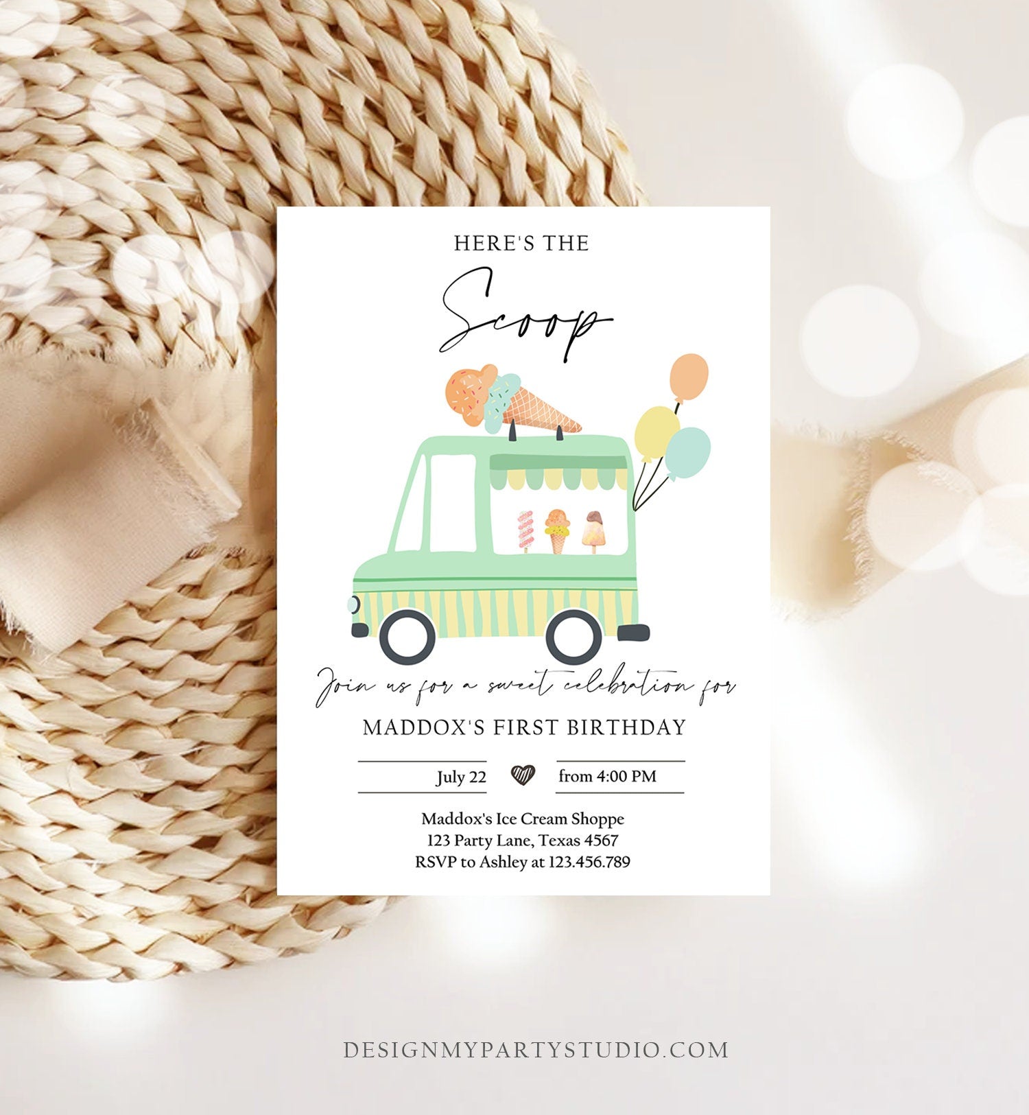 Editable Ice Cream Truck Birthday Invitation Ice Cream Birthday Invite Modern Ice Cream Shoppe Van The Scoop Printable Evite Template 0415