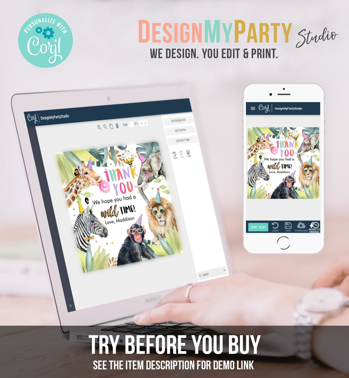 Editable Party Animals Favor Tags Wild One Animals Thank You Tags Safari Zoo Girl Birthday Wild Time Stickers Digital Download Template 0417