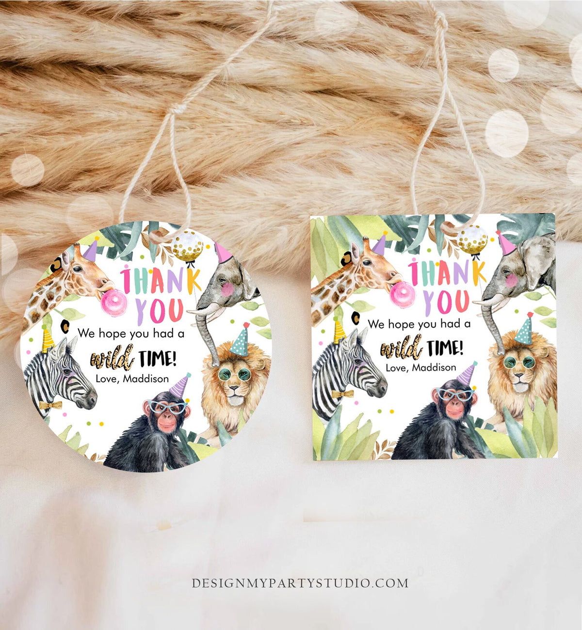 Editable Party Animals Favor Tags Wild One Animals Thank You Tags Safari Zoo Girl Birthday Wild Time Stickers Digital Download Template 0417