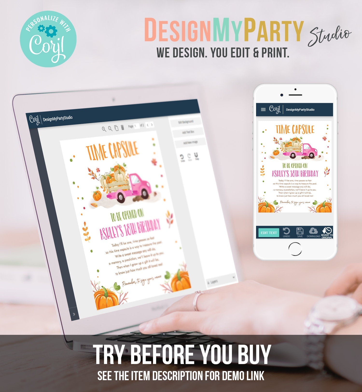 Editable Pumpkin Truck Birthday Time Capsule First 1st Pumpkin Fall Autumn Pink Truck Barnyard Girl Leaves Corjl Template Printable 0153