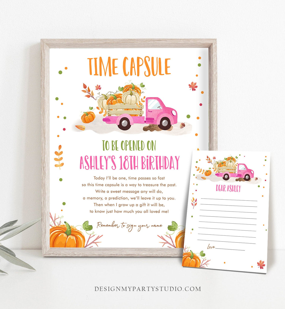 Editable Pumpkin Truck Birthday Time Capsule First 1st Pumpkin Fall Autumn Pink Truck Barnyard Girl Leaves Corjl Template Printable 0153