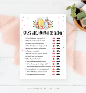 Editable Mommy or Daddy Baby Shower Game Guess Who Mom Dad Greenery Pink Baby is Brewing Activity Beer Bottle Corjl Template Printable 0190