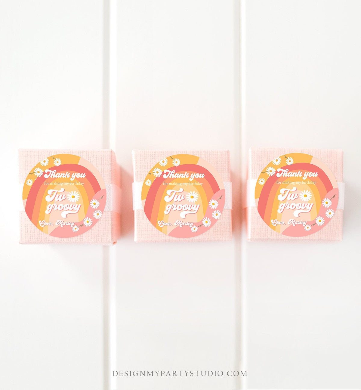 Editable Two Groovy Favor Tags Retro Daisy Birthday Thank You Sticker Festival Gift Pink 70s Floral Hippie Digital Template Printable 0428