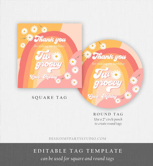 Editable Two Groovy Favor Tags Retro Daisy Birthday Thank You Sticker Festival Gift Pink 70s Floral Hippie Template Corjl PRINTABLE 0428