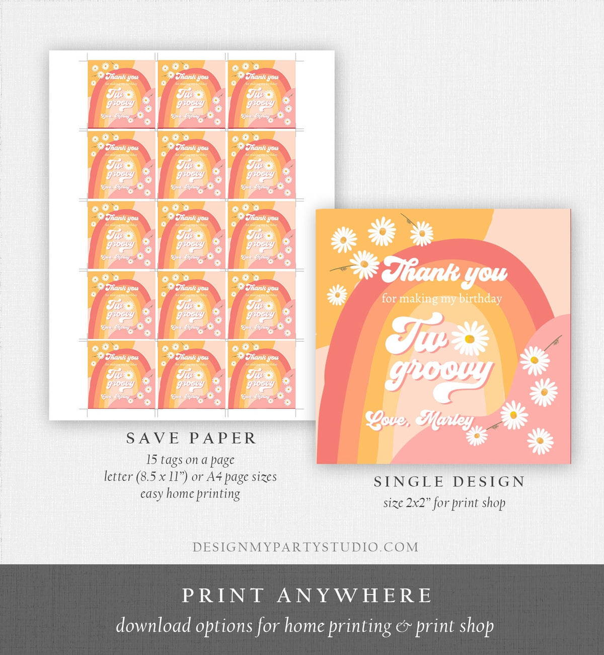 Editable Two Groovy Favor Tags Retro Daisy Birthday Thank You Sticker Festival Gift Pink 70s Floral Hippie Digital Template Printable 0428