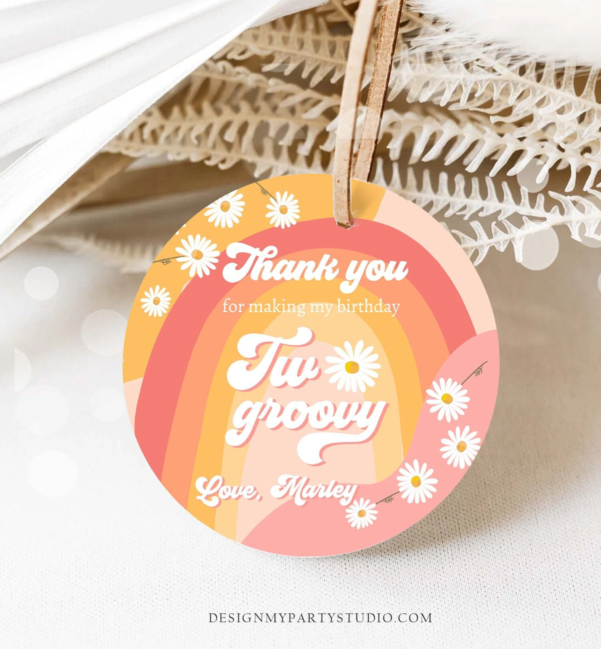 Editable Two Groovy Favor Tags Retro Daisy Birthday Thank You Sticker Festival Gift Pink 70s Floral Hippie Digital Template Printable 0428