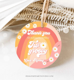 Editable Two Groovy Favor Tags Retro Daisy Birthday Thank You Sticker Festival Gift Pink 70s Floral Hippie Template Corjl PRINTABLE 0428