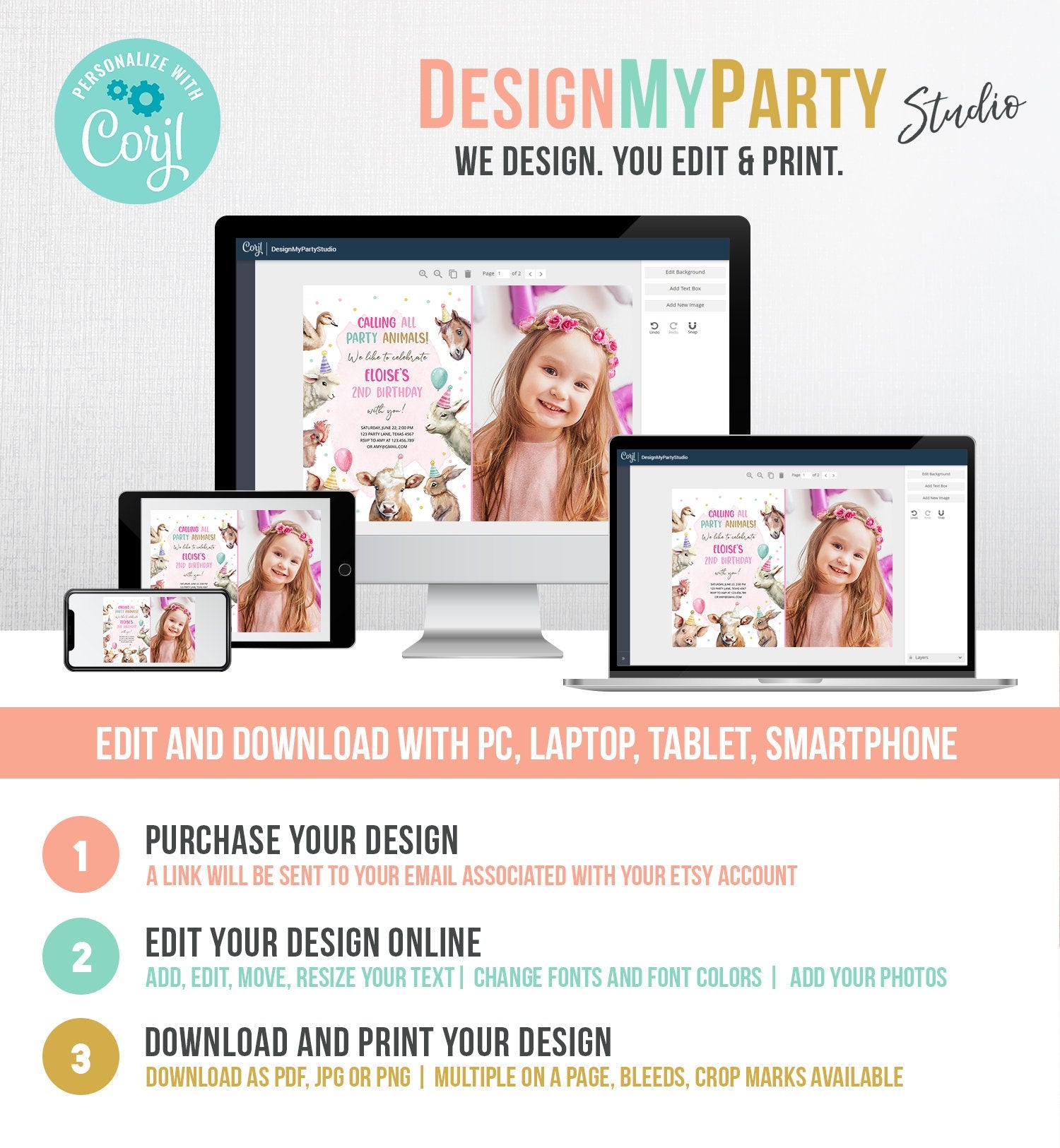 Editable Farm Animals Birthday Invitation Girl Farm Barnyard First Birthday Party Animals Confetti Download Corjl Template Printable 0448