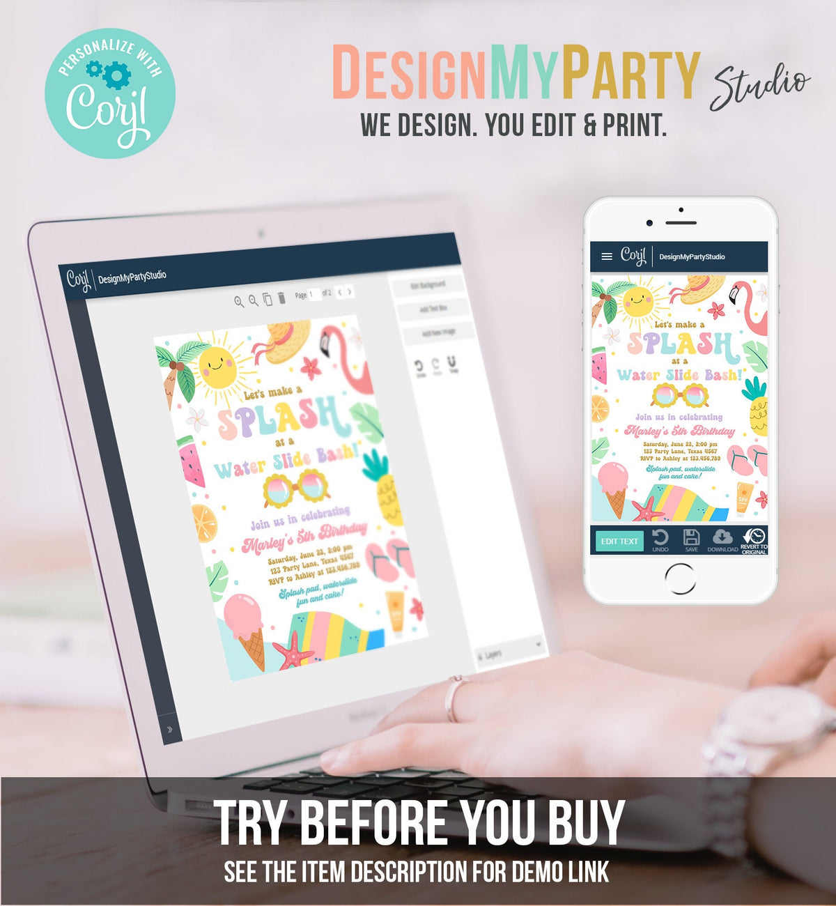 Editable Splish Splash Birthday Invitation Pool Party Girl Summer Waterslide Water Party Pink Digital Download Template Printable 0465