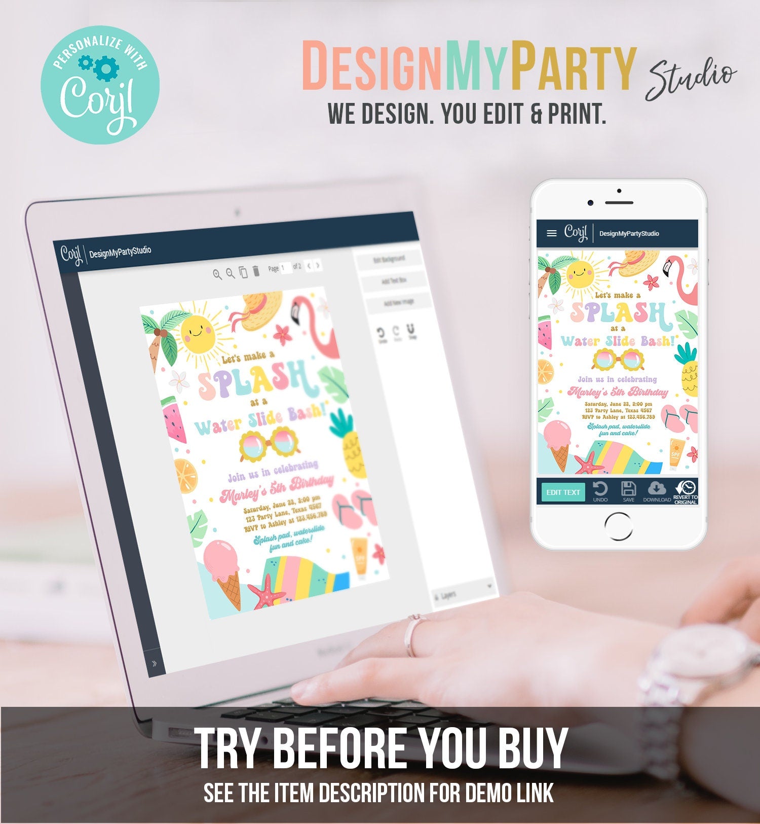 Editable Splish Splash Birthday Invitation Pool Party Girl Summer Waterslide Water Party Pink Digital Download Template Printable 0465