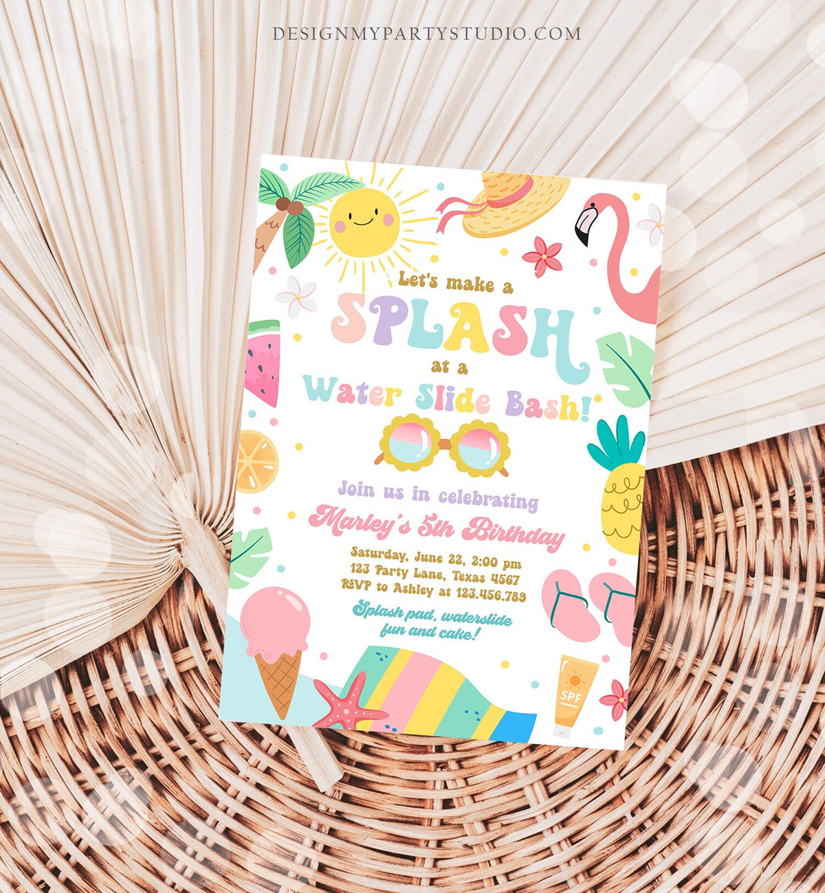 Editable Splish Splash Birthday Invitation Pool Party Girl Summer Waterslide Water Party Pink Digital Download Template Printable 0465