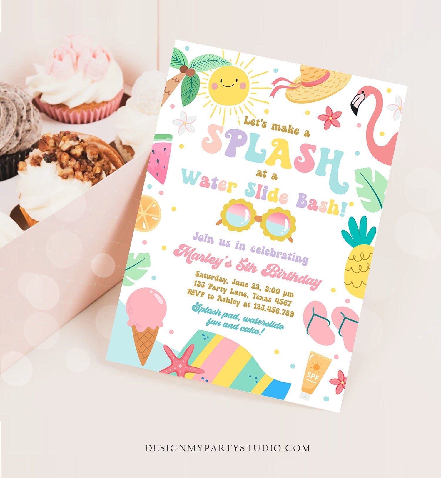 Editable Splish Splash Birthday Invitation Pool Party Girl Summer Waterslide Water Party Pink Digital Download Template Printable 0465