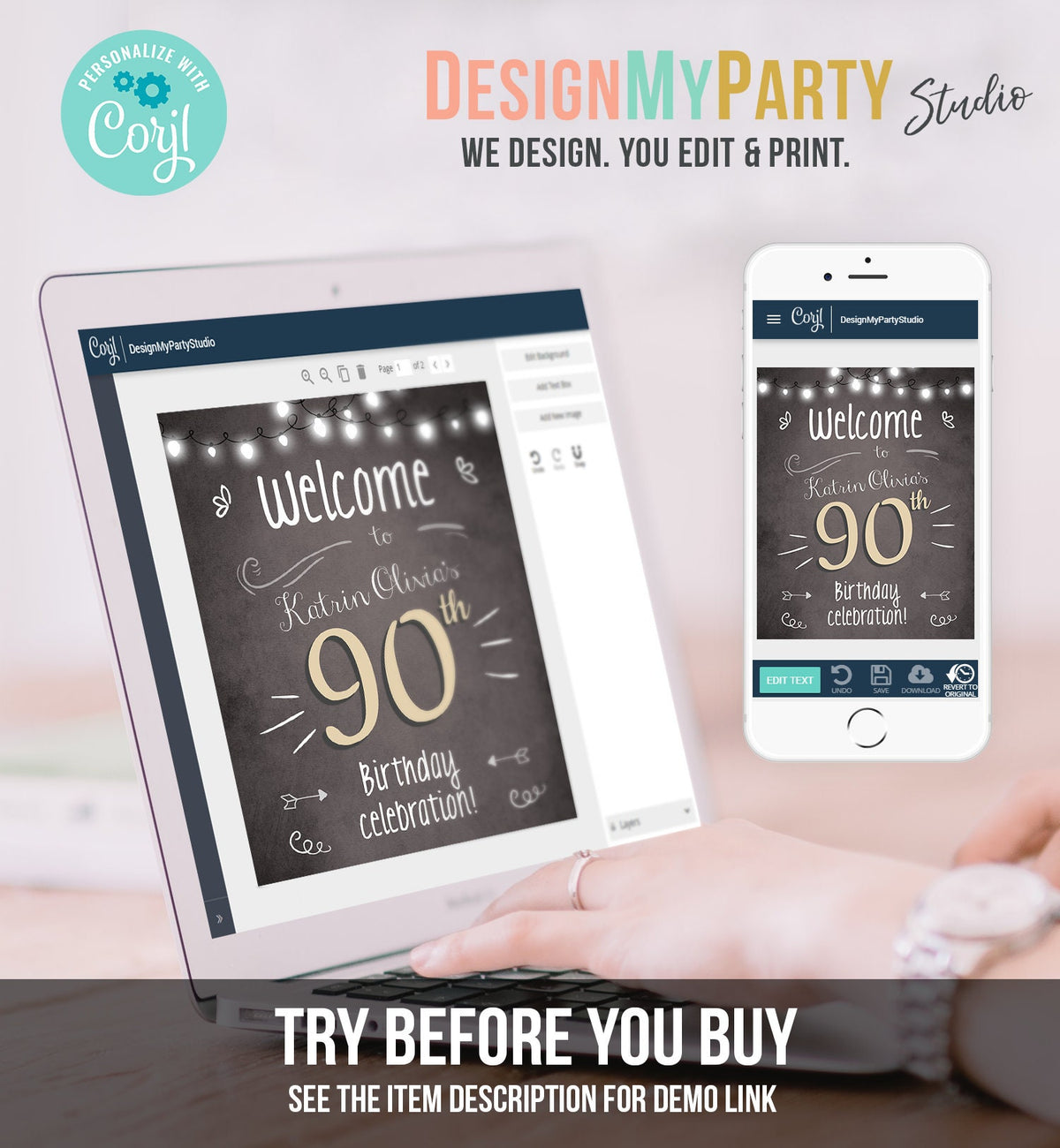 Editable Adult Birthday 90th 80th 70th Birthday Party Welcome Sign Poster Rustic Neutral Woman Men Decor Template PRINTABLE Corjl 0230