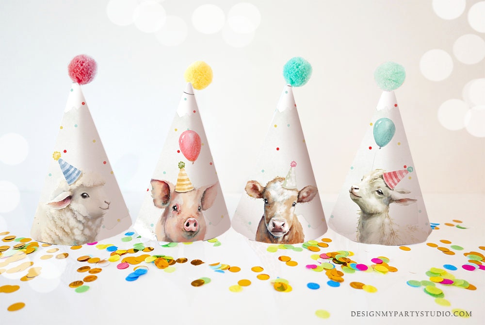 Party Hats Farm Animals Birthday Party Animals Birthday Decor Barnyard Birthday Cow Pig Sheep Farm DIY Printable Digital Download 0448