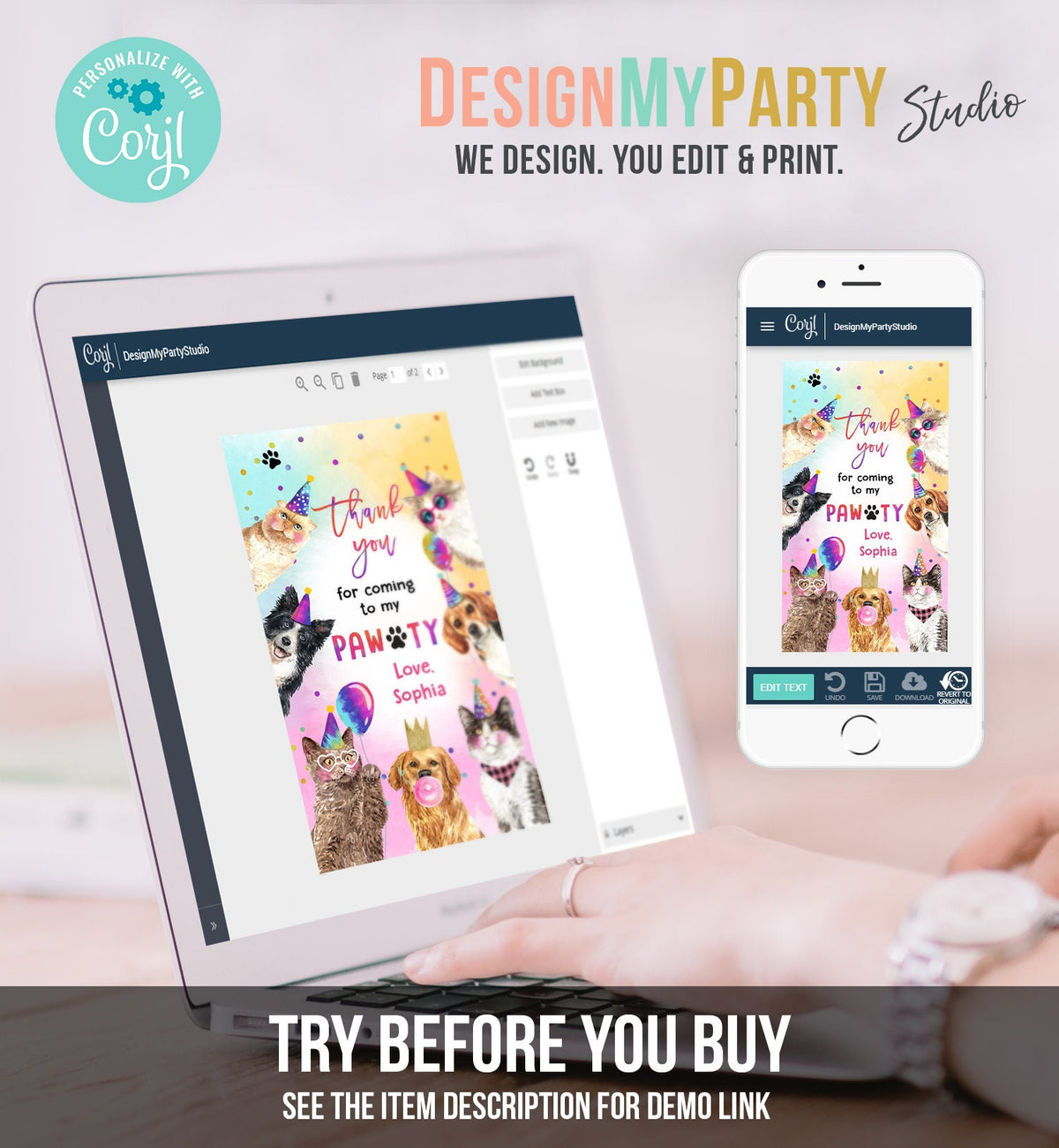 Editable Cats and Dogs Favor tags Cat Birthday Thank you tag Girl Puppy Birthday Cat Party Animals Dog Pawty Digital Template Printable 0460