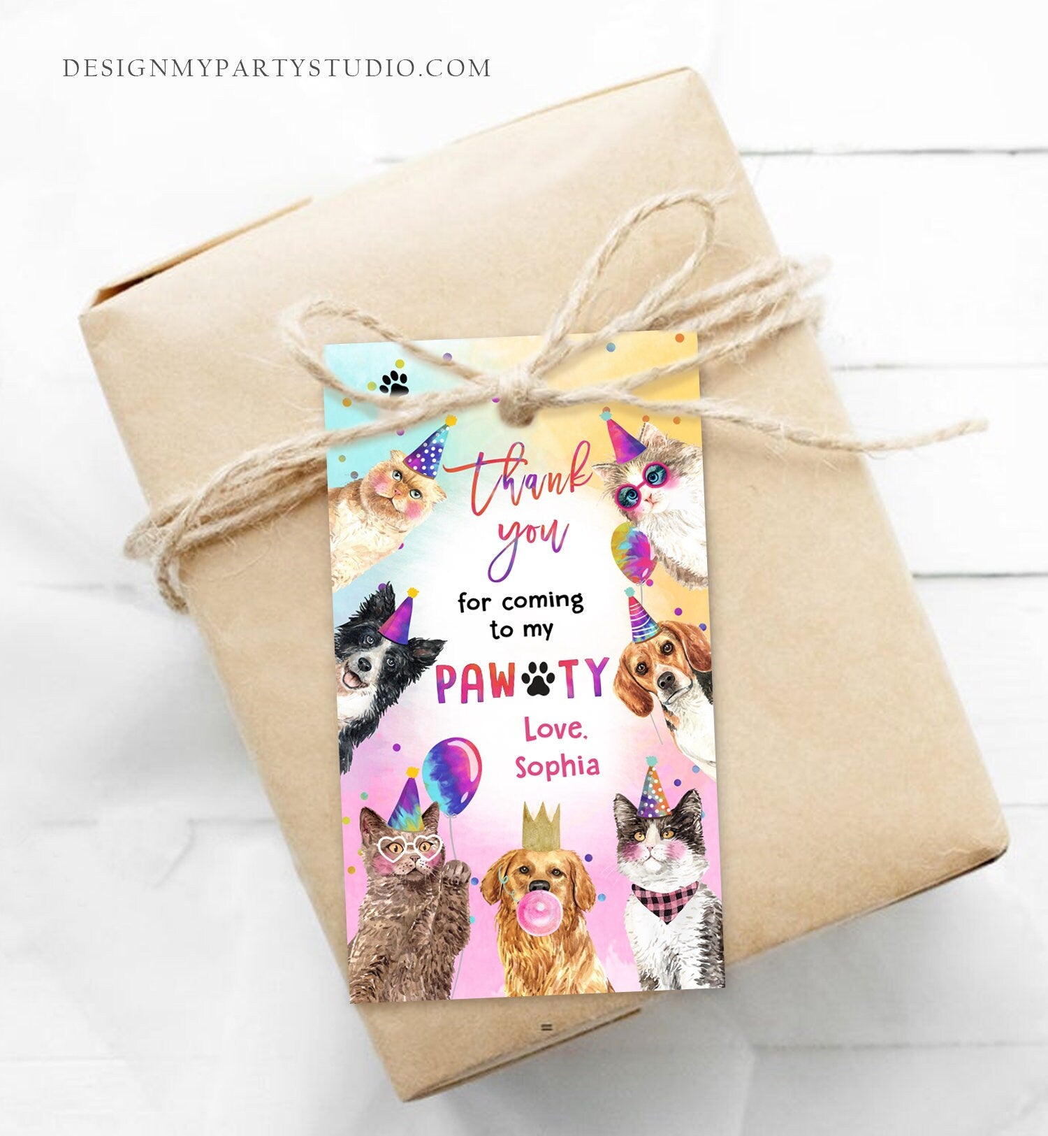 Editable Cats and Dogs Favor tags Cat Birthday Thank you tag Girl Puppy Birthday Cat Party Animals Dog Pawty Digital Template Printable 0460