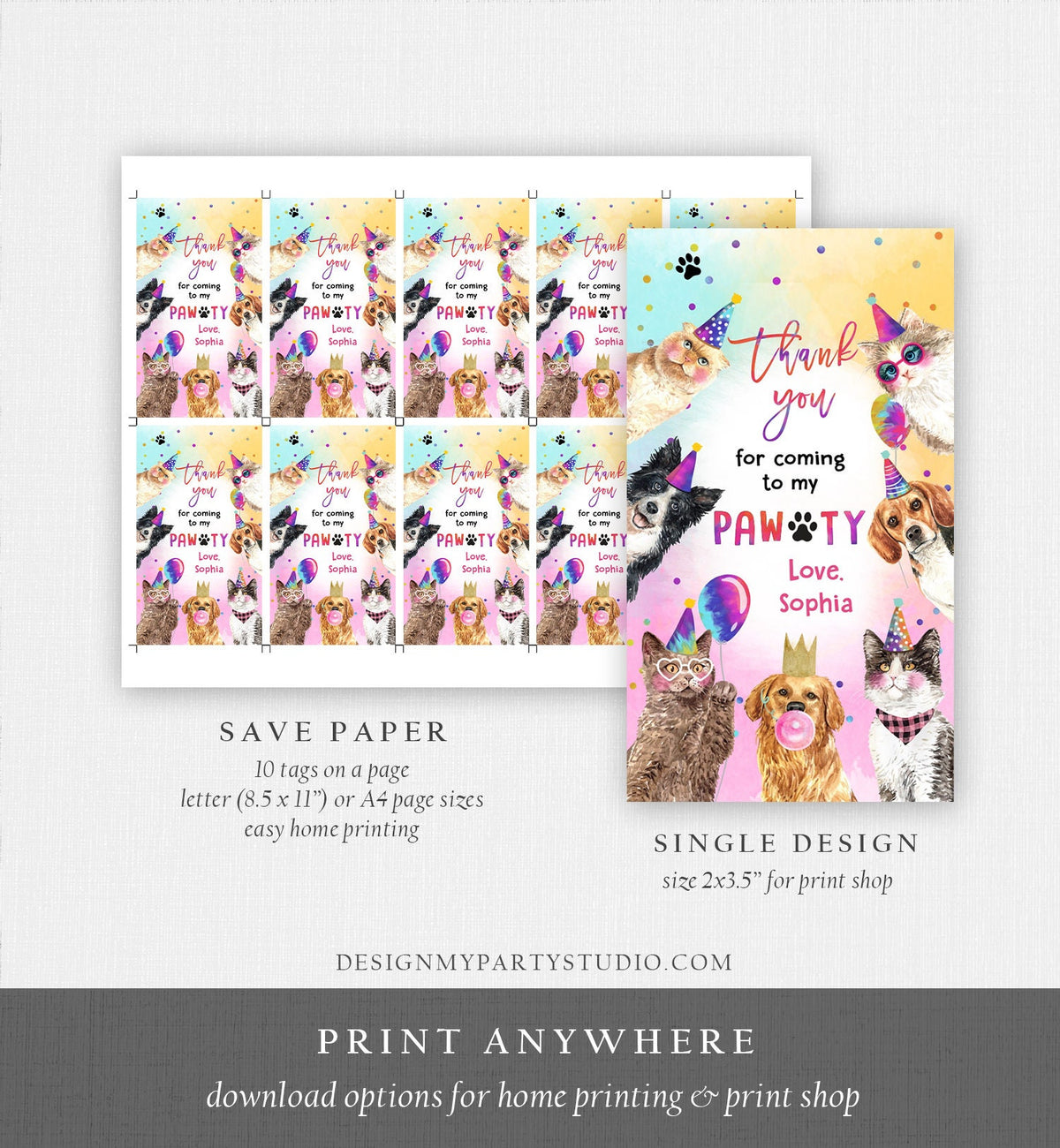Editable Cats and Dogs Favor tags Cat Birthday Thank you tag Girl Puppy Birthday Cat Party Animals Dog Pawty Digital Template Printable 0460
