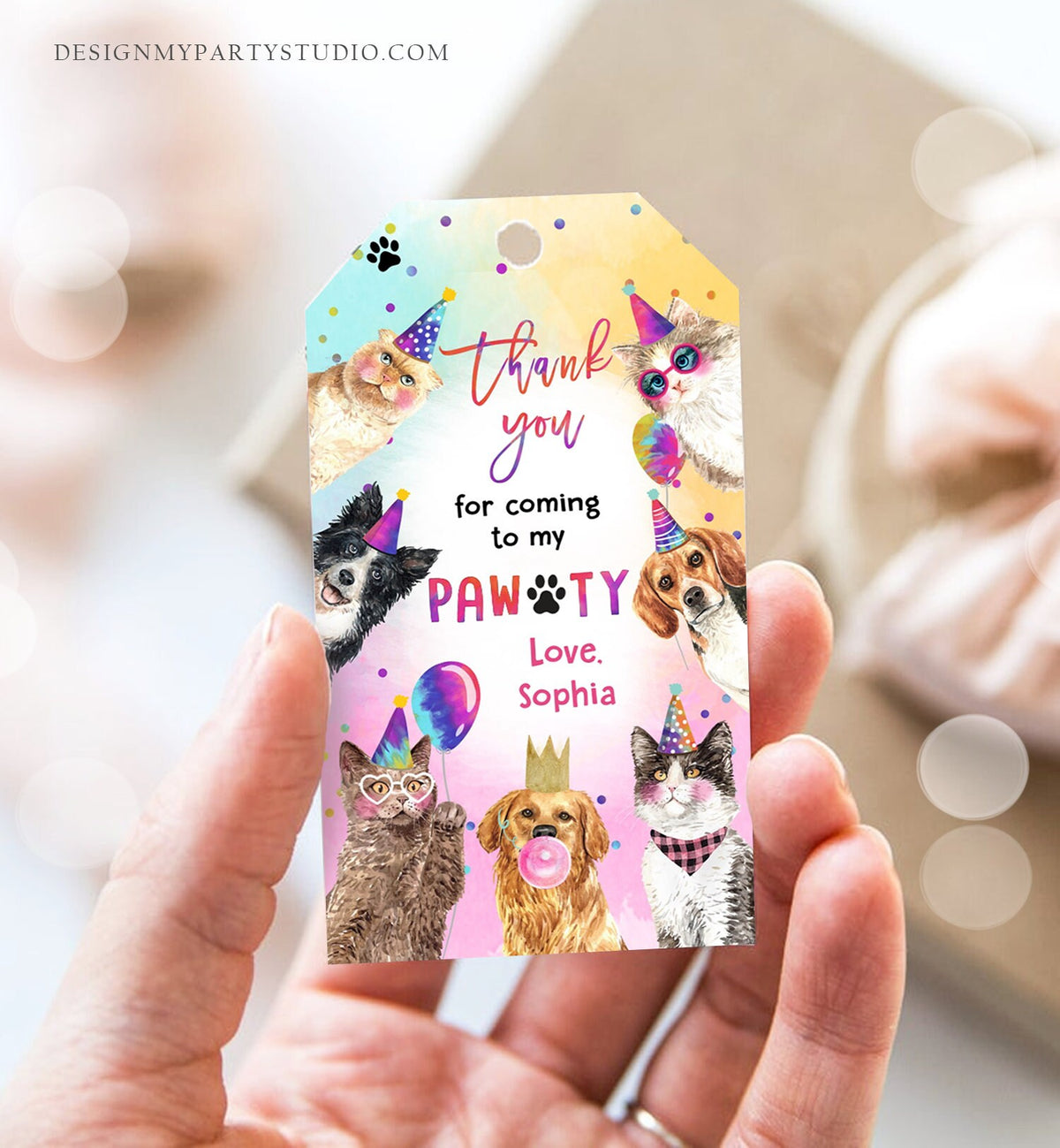 Editable Cats and Dogs Favor tags Cat Birthday Thank you tag Girl Puppy Birthday Cat Party Animals Dog Pawty Digital Template Printable 0460