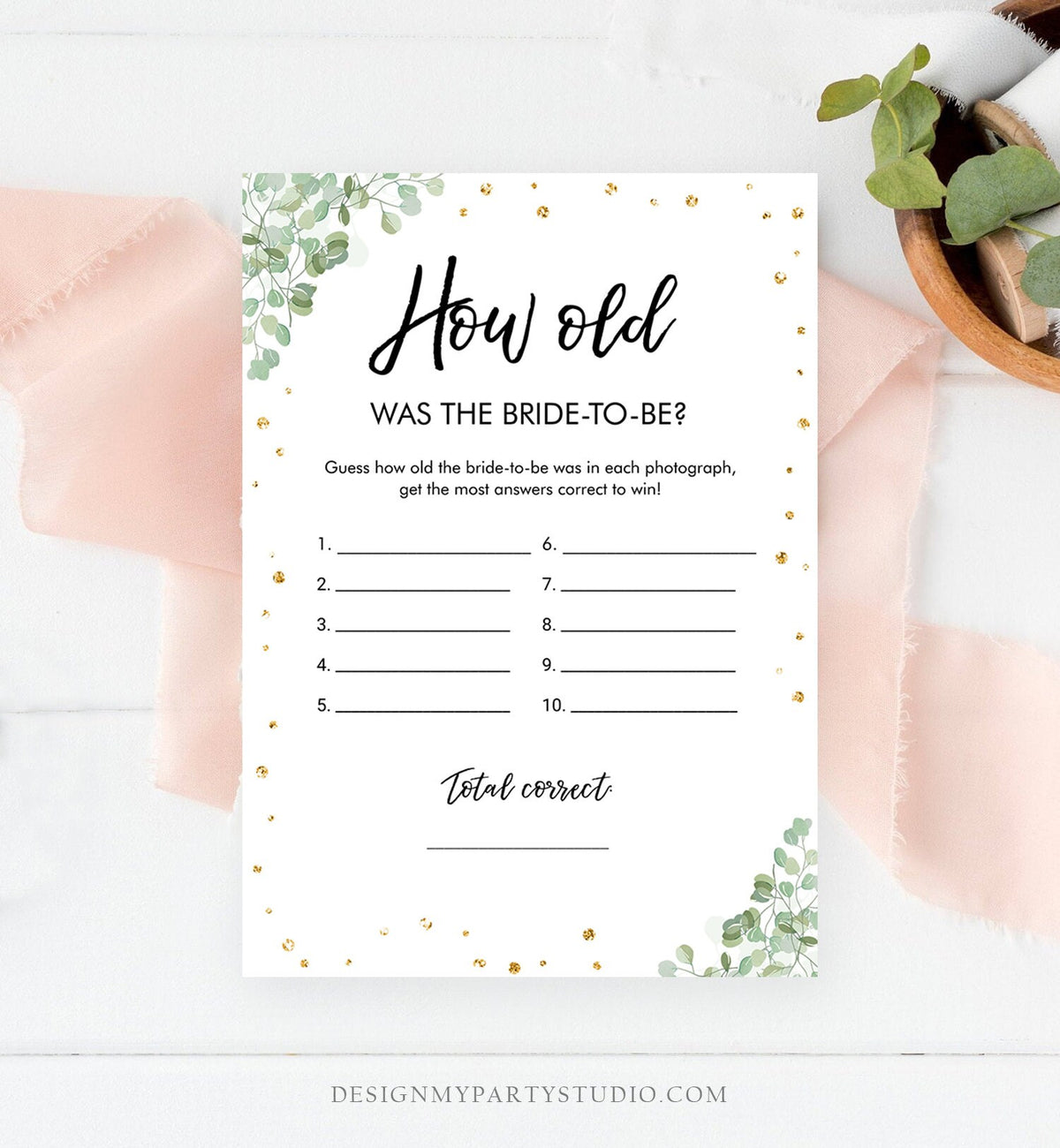 Editable How Old Was The Bride-to-Be Bridal Shower Game Wedding Shower Activity Eucalyptus Gold Digital Template Printable 0030 0318