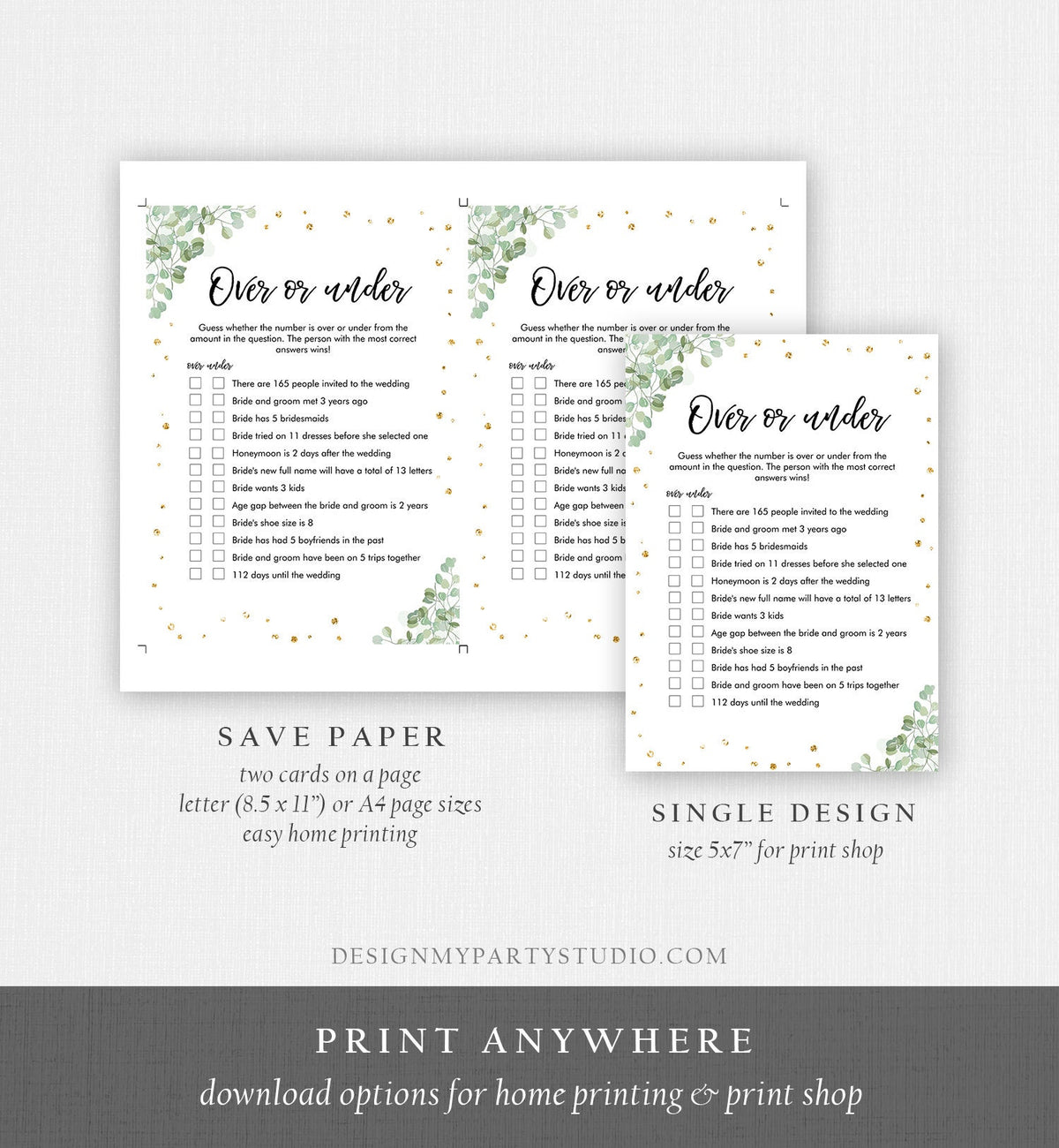 Editable Over or Under Bridal Shower Game Floral Greenery Flowers Eucalyptus Confetti Hens Night Guessing Greenery Corjl 0030 0318