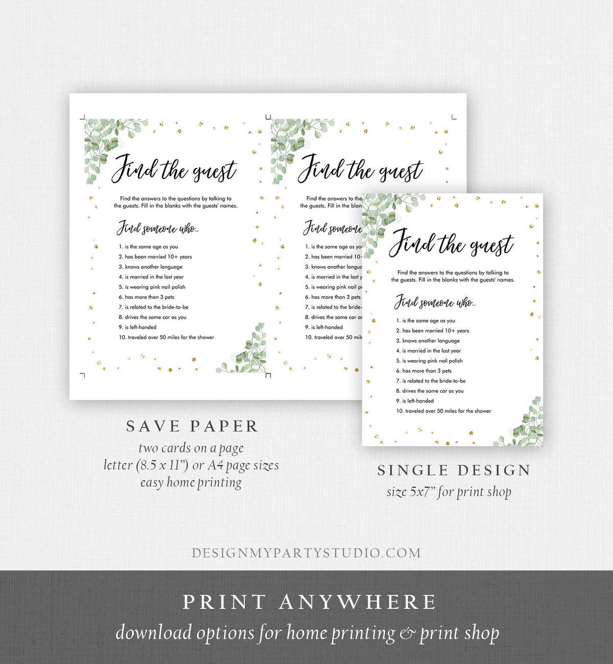 Editable Find the Guest Bridal Shower Game Wedding Shower Activity Eucalyptus Gold Confetti Flowers Download Corjl Printable 0030 0318