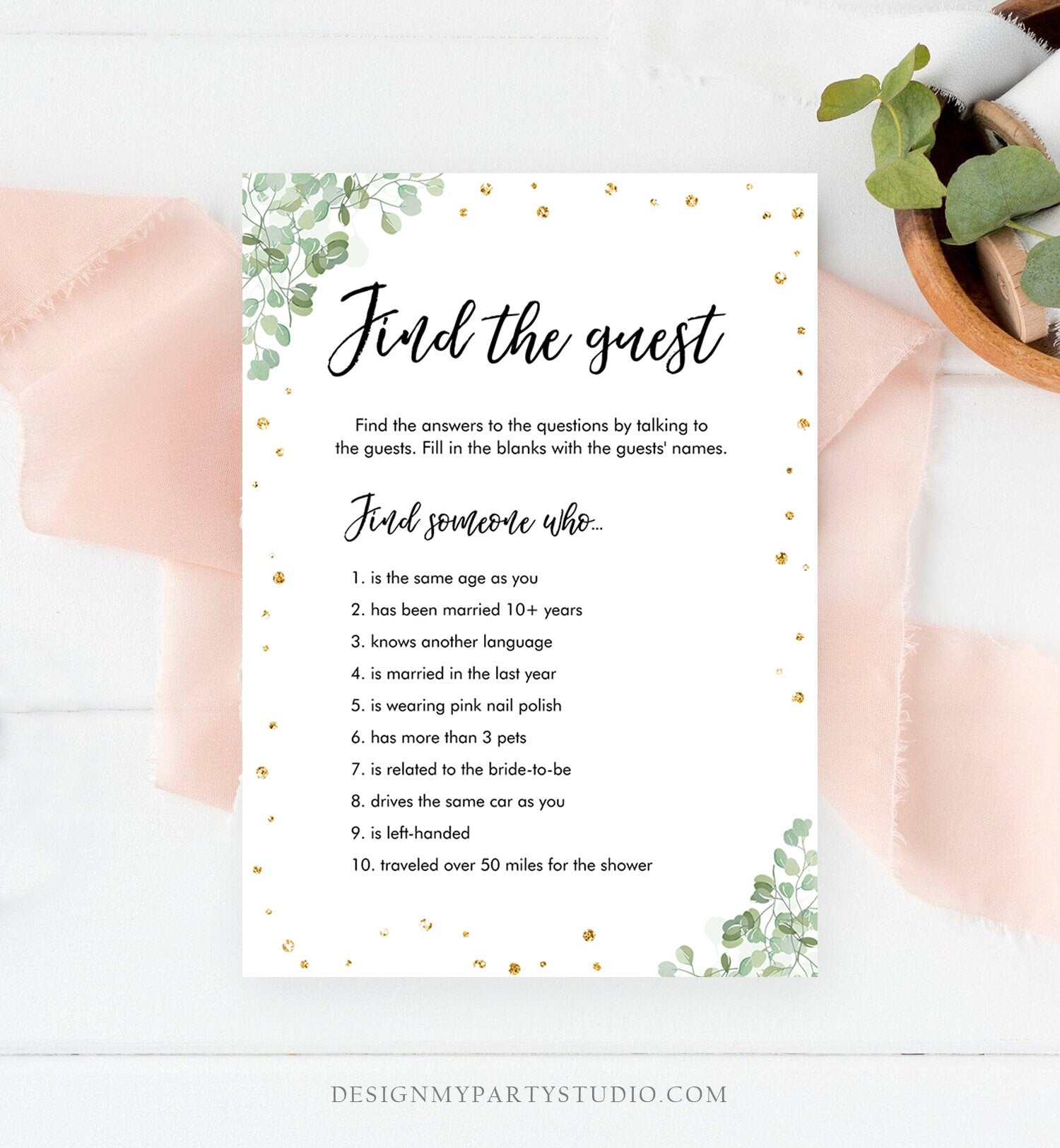 Editable Find the Guest Bridal Shower Game Wedding Shower Activity Eucalyptus Gold Confetti Flowers Download Corjl Printable 0030 0318