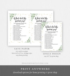 Editable What Did The Groom Say About His Bride Game Bridal Shower Game Eucalyptus Gold Confetti Download Corjl Printable 0030 0318