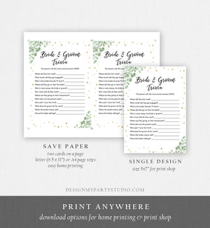 Editable Bride and Groom Trivia Bridal Shower Game Eucalyptus Gold Confetti What Did He or She Said Download Corjl Printable 0030