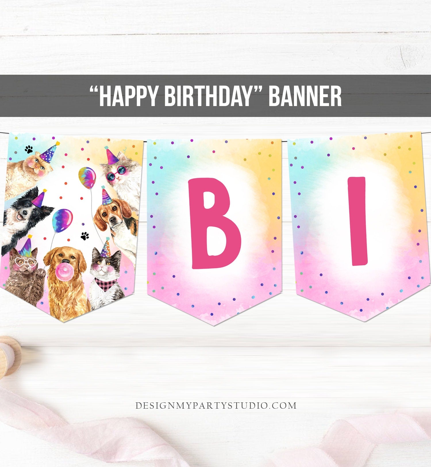 Happy Birthday Banner Party Animals Cats and Dogs Animals Puppy Birthday Kitten Birthday Pawty Decor Instant download PRINTABLE DIGITAL 0460