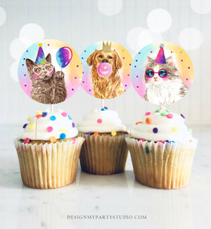 Cats and Dogs Cupcake Toppers Puppy Favor Tags Puppy Birthday Kitten Pink Girl Party Animals Birthday Decor Download Digital PRINTABLE 0460
