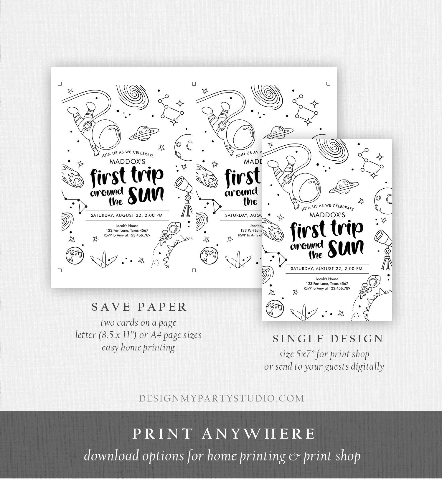 Editable Outer Space First Birthday Invitation Galaxy Blast Off First Trip Around the Sun Digital Download Evite Template Printable 0467