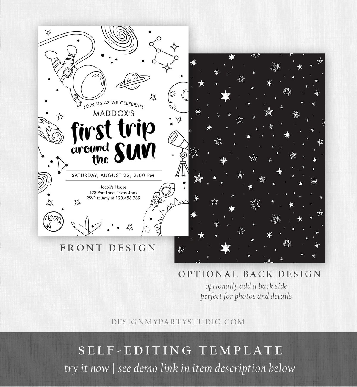 Editable Outer Space First Birthday Invitation Galaxy Blast Off First Trip Around the Sun Digital Download Evite Template Printable 0467