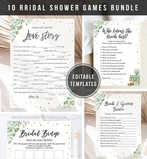 Editable Eucalyptus Bridal Shower Games Travel Adventure Bundle Greenery Wedding Shower Activity Confetti Corjl Template Printable 0030