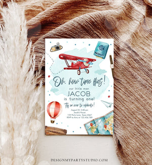 Editable Airplane Birthday Invitation Oh My Time Flies Red Airplane First Birthday Travel 1st Instant Download Printable Corjl Template 0468