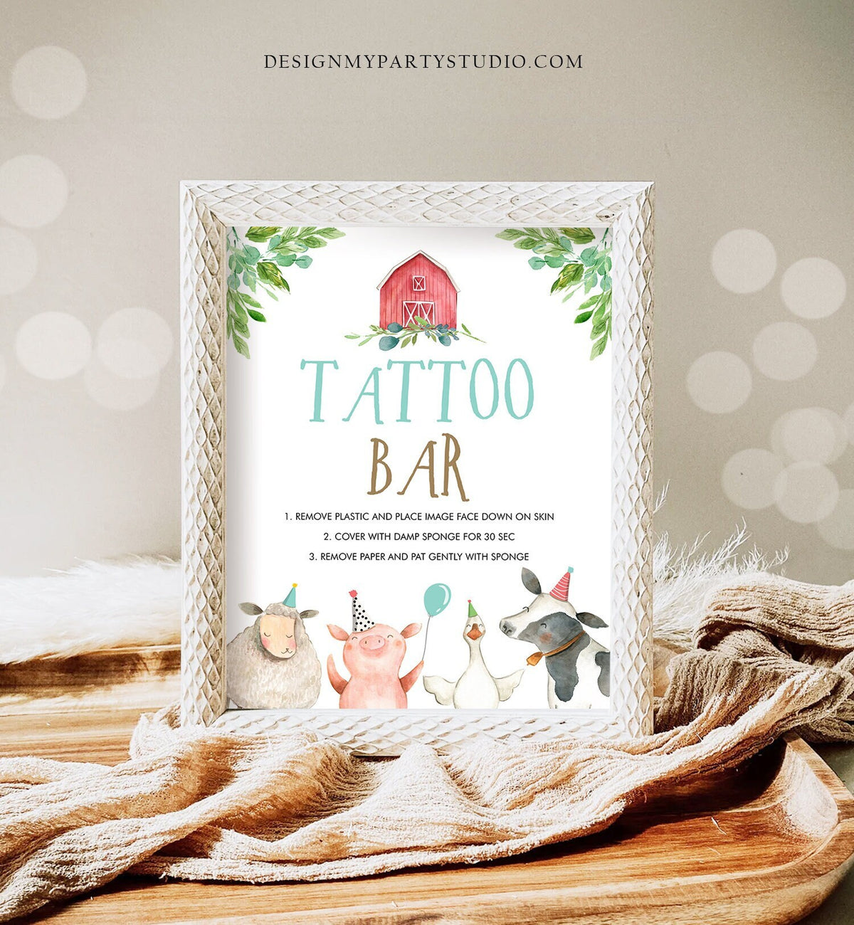 Tattoo Bar Farm Animals Birthday Sign Barnyard Decor Red Farm Boy Birthday Table Sign Party Digital Instant Download Printable 0155