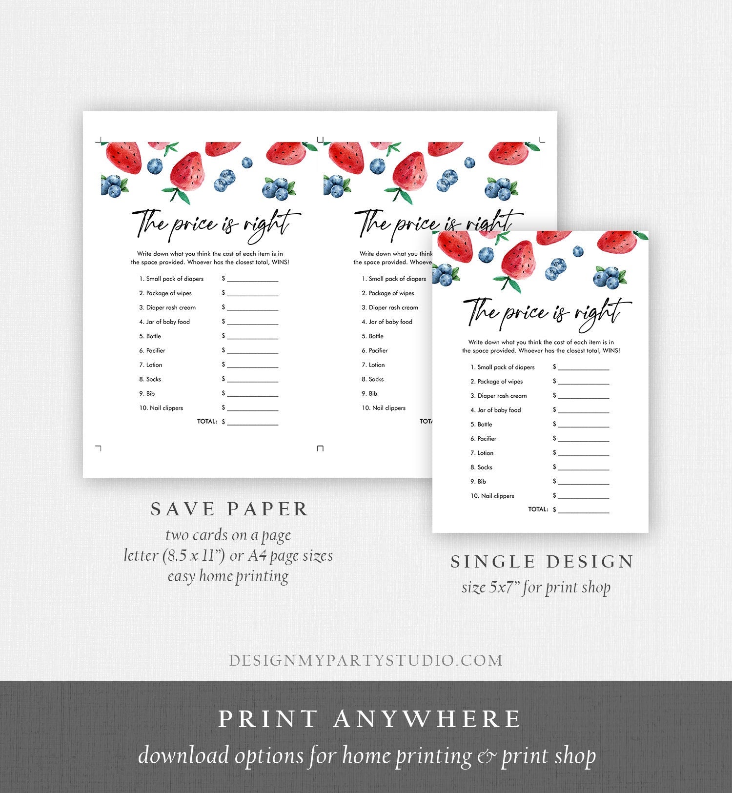 Editable The Price is Right Game Strawberry Blueberry Baby Shower Berry Sweet Strawberries Digital Download Template Printable 0399