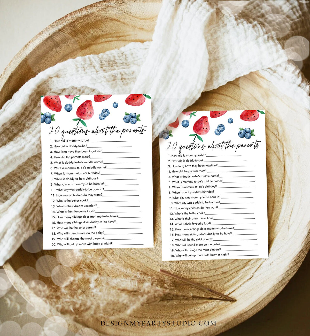 Editable 20 Questions about the Parents Baby Shower Game Strawberry Blueberry Baby Shower Berry Sweet Digital Template Printable 0399