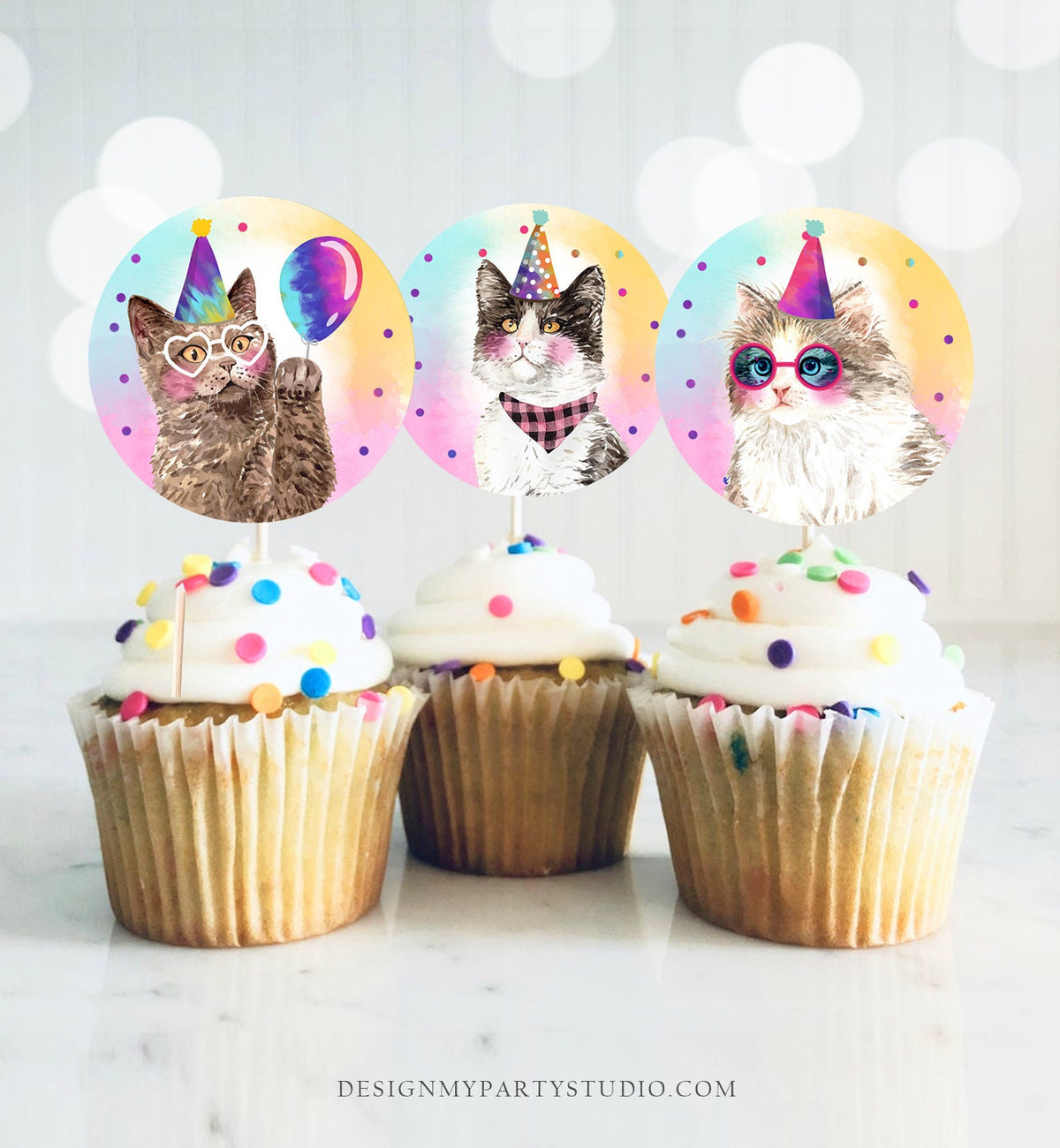 Cats Cupcake Toppers Cat Favor Tags Birthday Kitten Pink Girl Party Animals Kittens Birthday Decor Download Digital PRINTABLE 0460