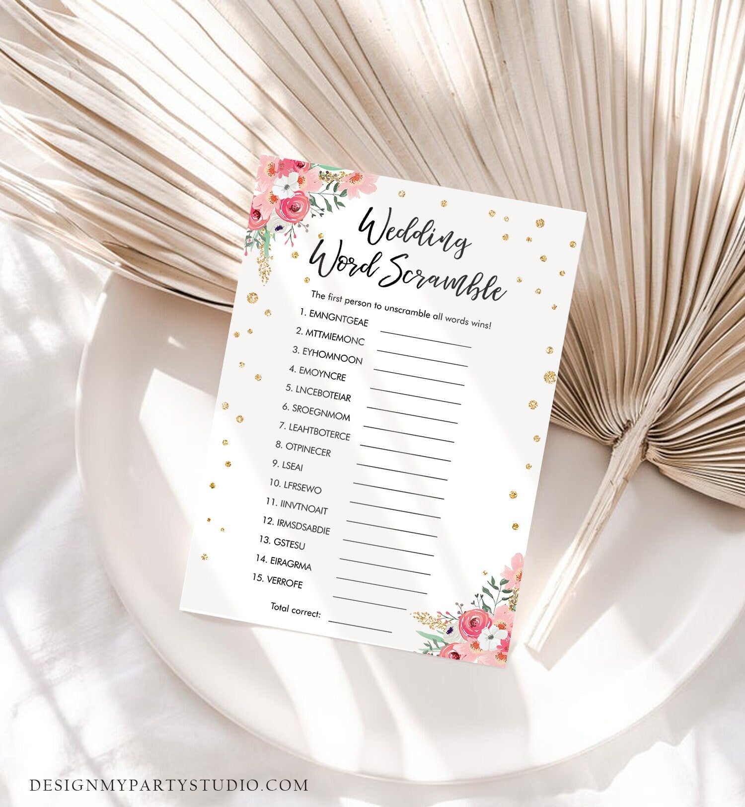 Editable Wedding Word Scramble Bridal Shower Game Floral Pink Gold Confetti Word Puzzle Unscramble Words Download Corjl Printable 0030 0318