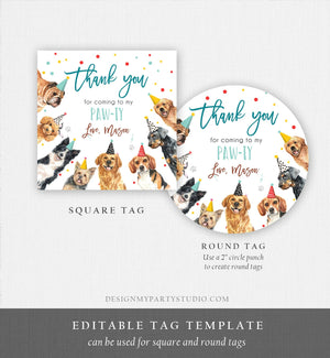 Editable Dogs Favor Tag Puppy Birthday Thank You Tags Boy Blue Paw-Ty Come Sit Stay Pup Dog Pet Vet Animal Template PRINTABLE Corjl 0384