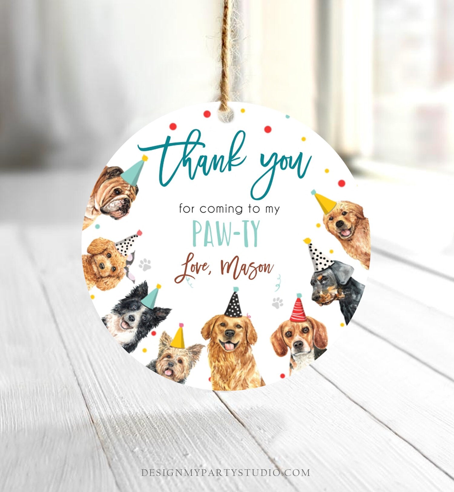 Editable Dogs Favor Tag Puppy Birthday Thank You Tags Boy Blue Paw-Ty Come Sit Stay Pup Dog Pet Vet Animal Digital Template Printable 0384